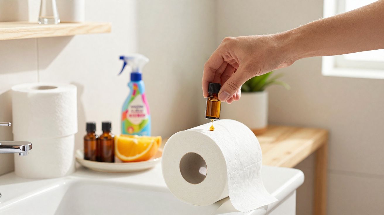 Mão a colocar gotas de óleo essencial num rolo de papel higiénico num lavatório, com objetos de limpeza ao fundo.