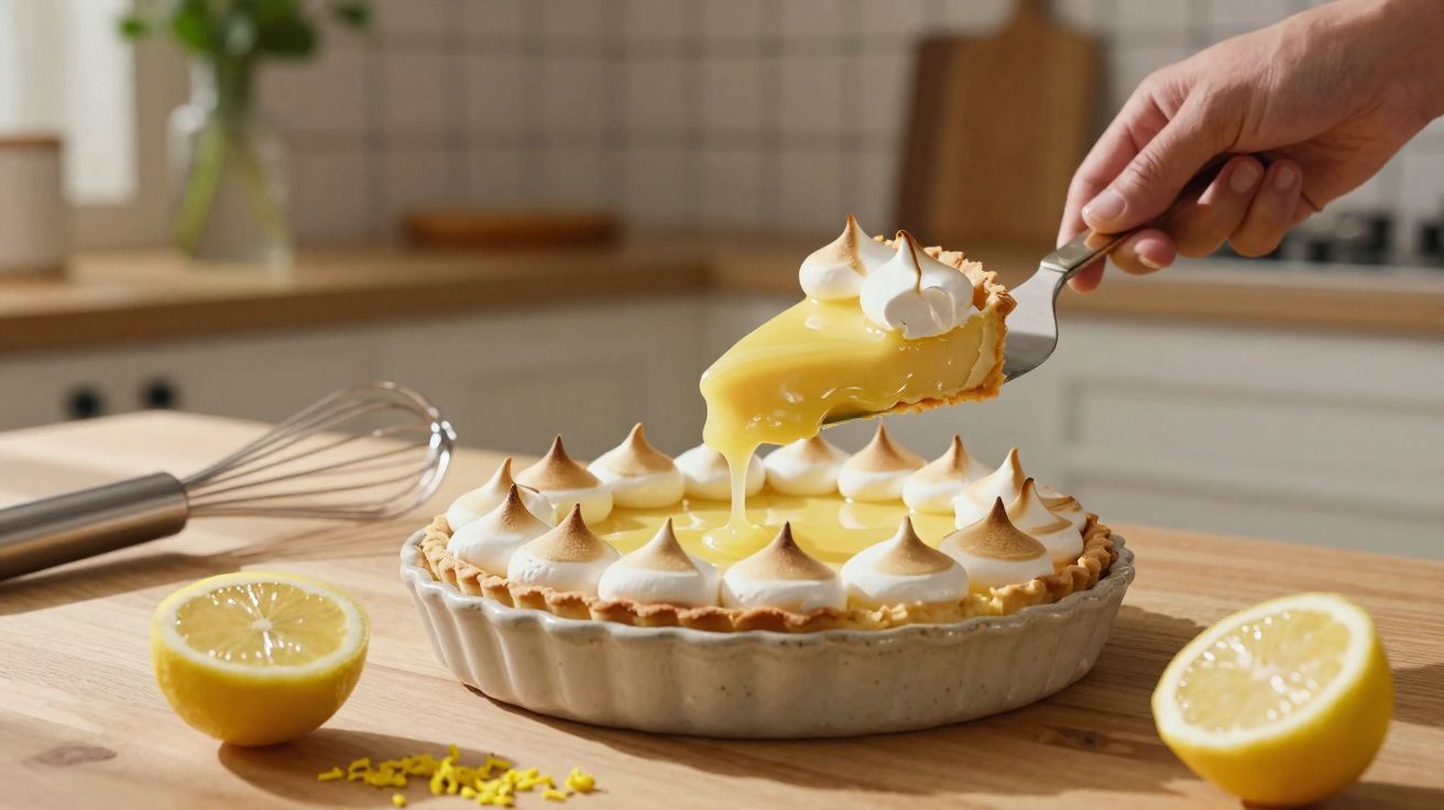 Tarte de limão com merengue dourado, uma fatia a ser servida numa cozinha com limões cortados.