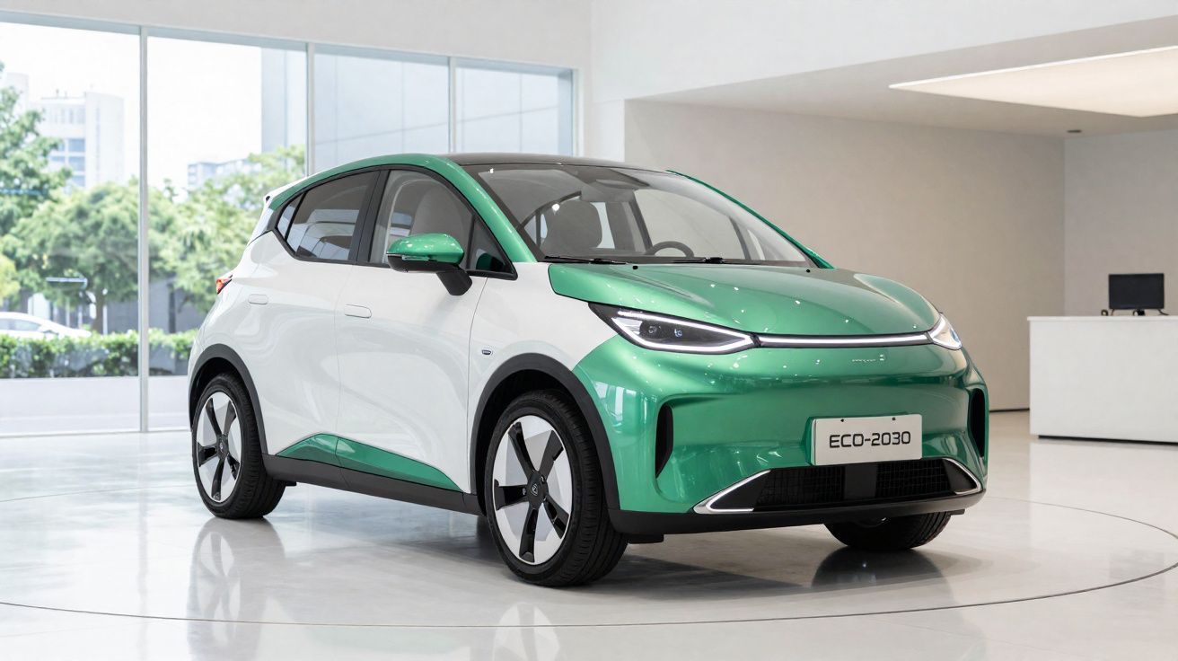 Carro elétrico moderno bicolor verde e branco estacionado num showroom minimalista com grandes janelas.