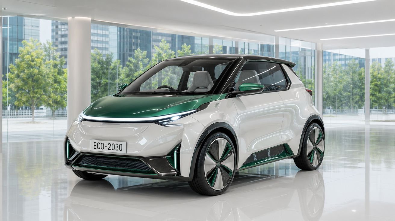 Carro elétrico concept pequeno branco e verde em showroom moderno com grandes janelas e árvores visíveis.