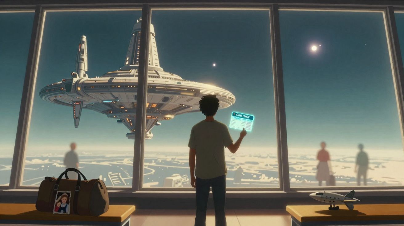 Pessoa observa estação espacial futurista do interior de um edifício com janelas panorâmicas e bagagem próxima.