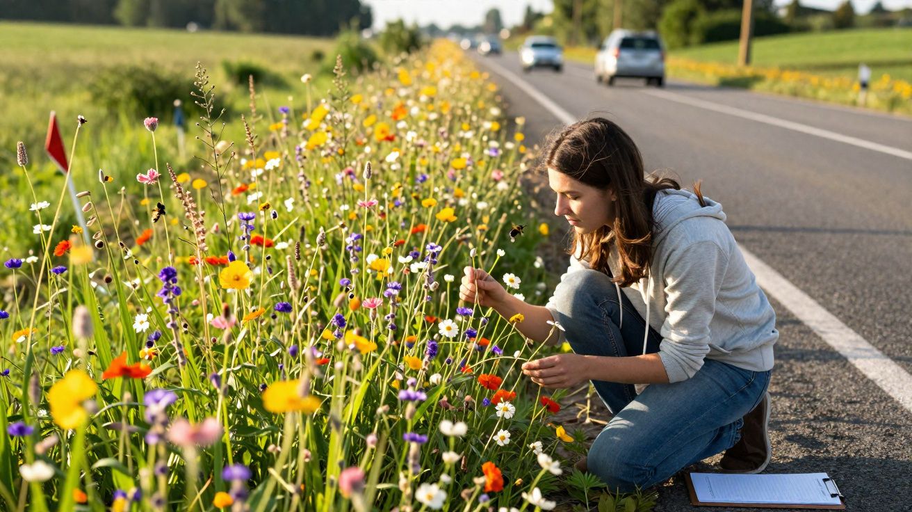 Mulher de agasalho cinzento recolhe flores ao lado de estrada com flores silvestres coloridas.