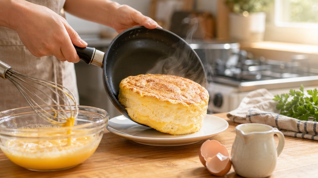 Pessoa a desfazer uma omelete alta e fofa de frigideira para um prato na cozinha iluminada.