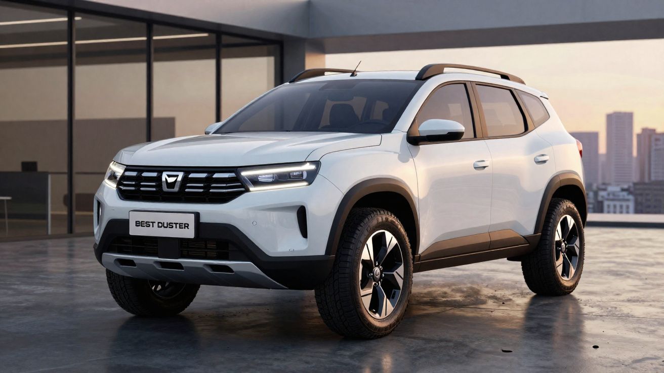 SUV branco Dacia Best Duster estacionado numa garagem com edifícios ao fundo.