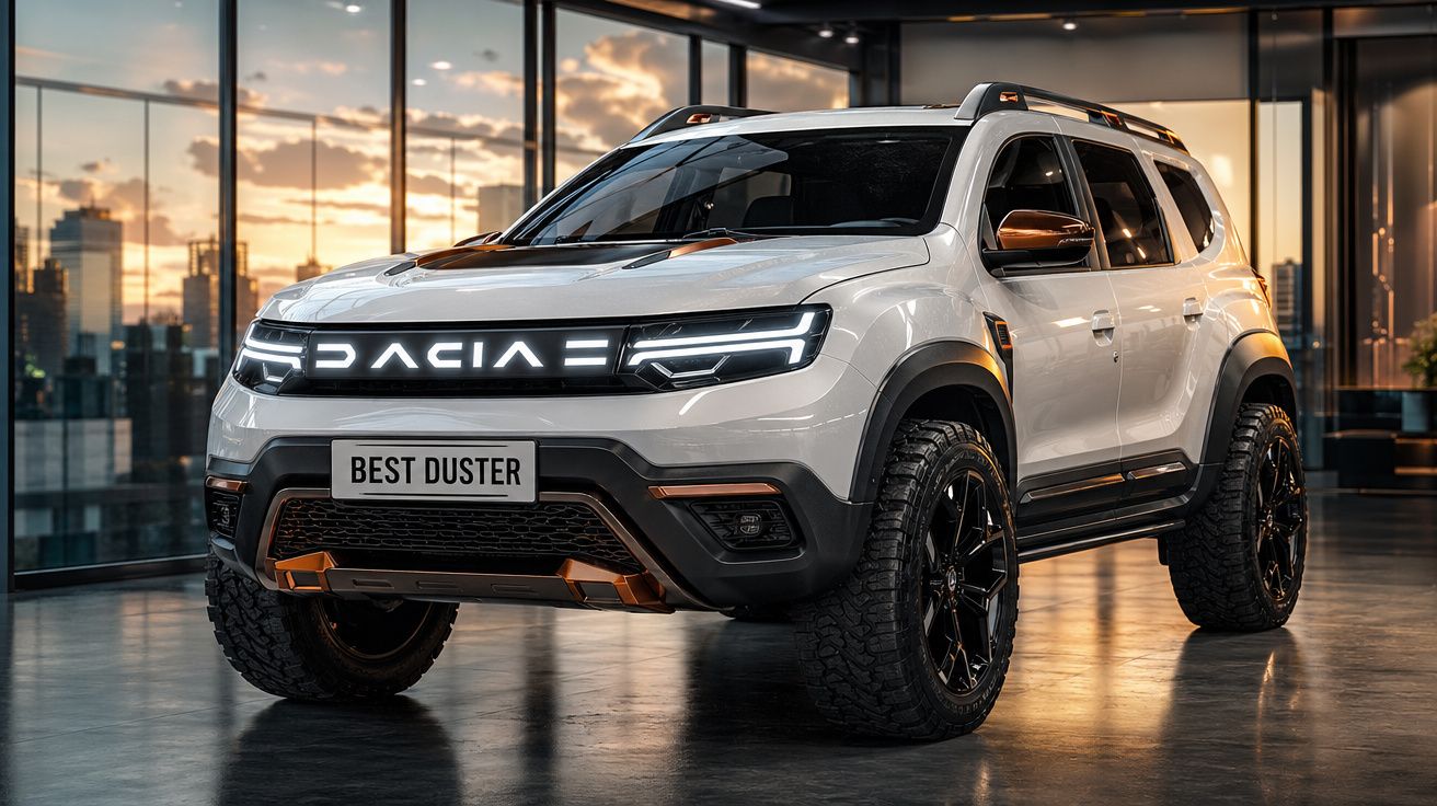 Carro SUV branco Dacia Duster com luzes LED, rodas negras e detalhes laranja em interior moderno ao pôr do sol.