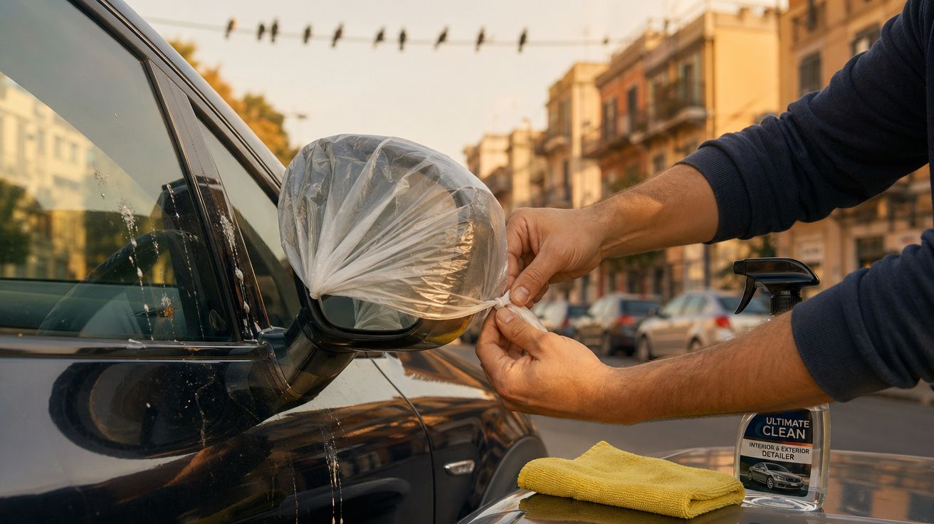 Pessoa a colocar um plástico protetor no espelho lateral de um carro preto numa rua urbana.