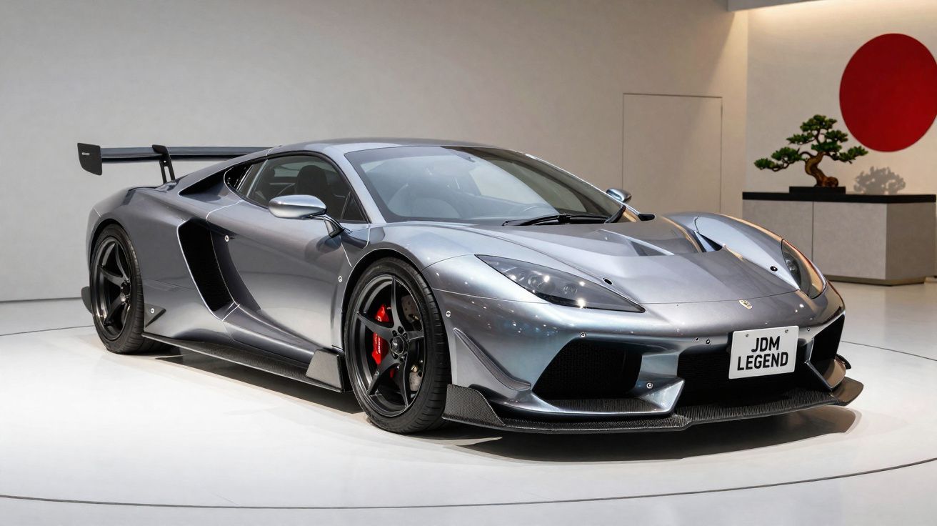 Carro desportivo cinza metálico com spoiler traseiro exposto numa galeria moderna e iluminada.