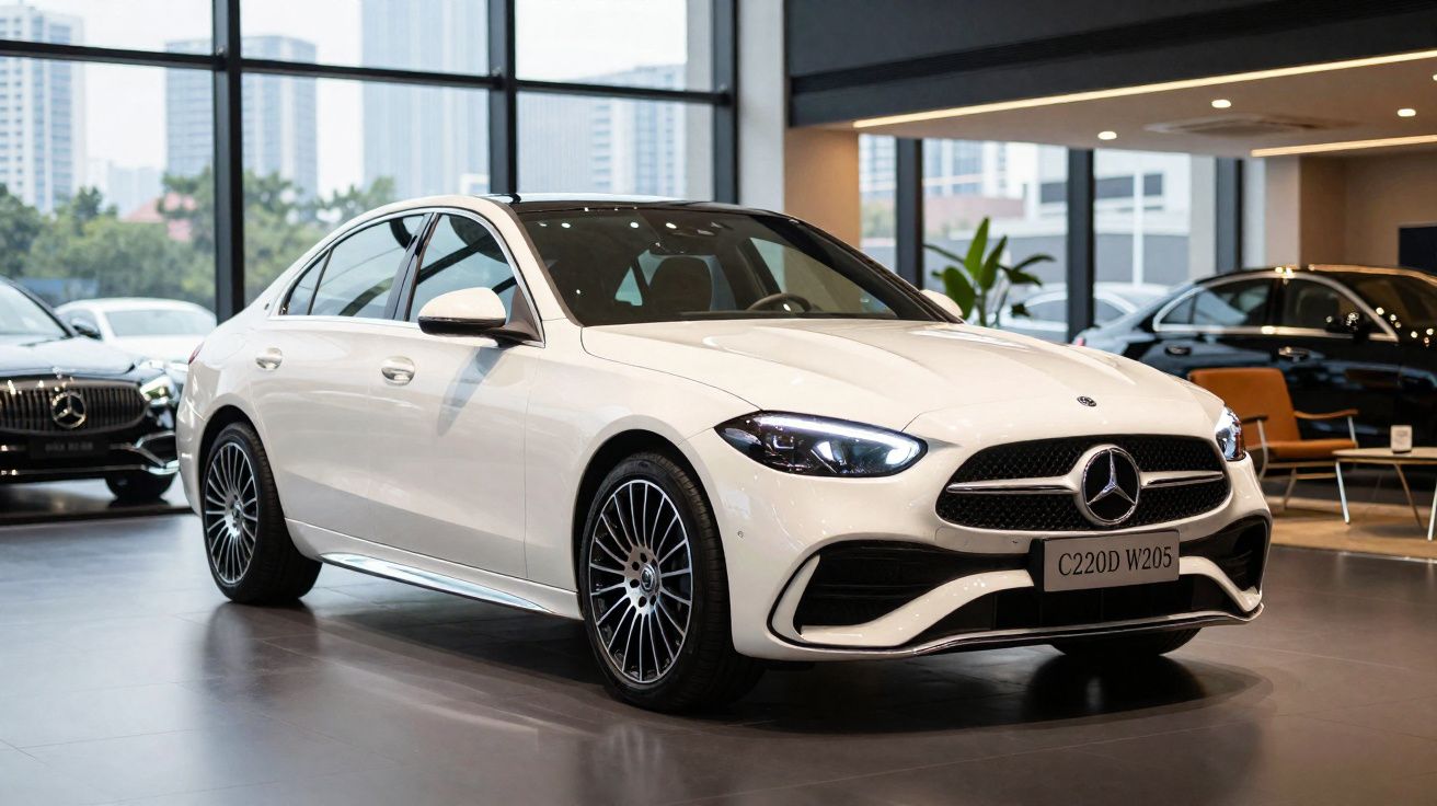 Carro novo Mercedes-Benz C220D W205 branco exibido numa sala de exposição moderna com vidros amplos.