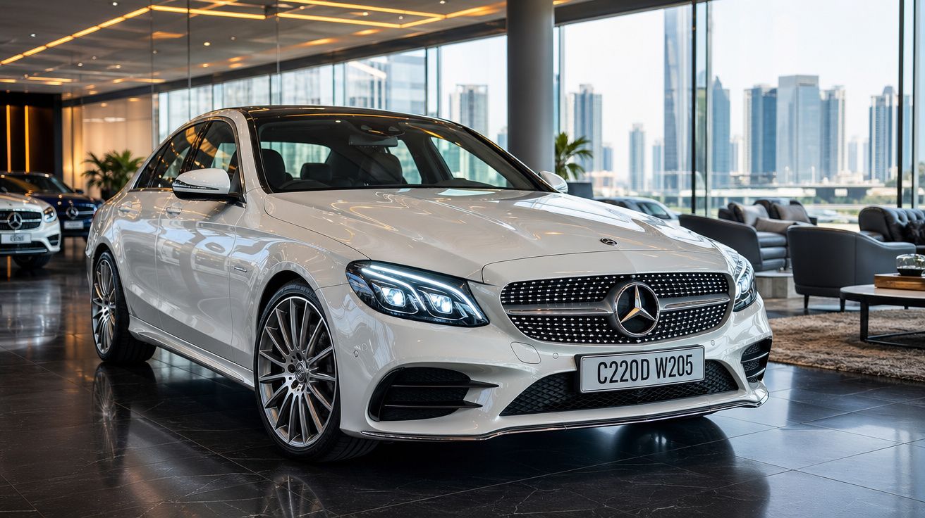 Mercedes-Benz branca modelo C220D W205 estacionada num showroom moderno com grandes janelas e vista urbana.