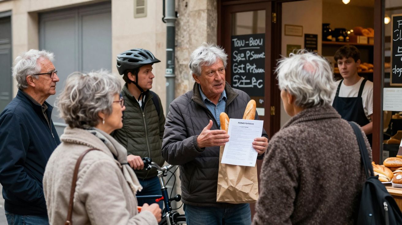 Grupo de idosos conversa fora de uma padaria, um homem segura sacola com pão e papel.