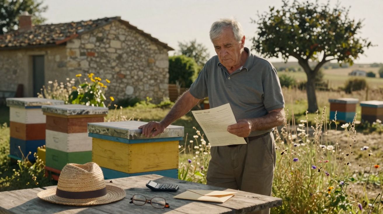 Homem idoso a ler um documento junto a colmeias num campo com flores e árvore ao fundo.
