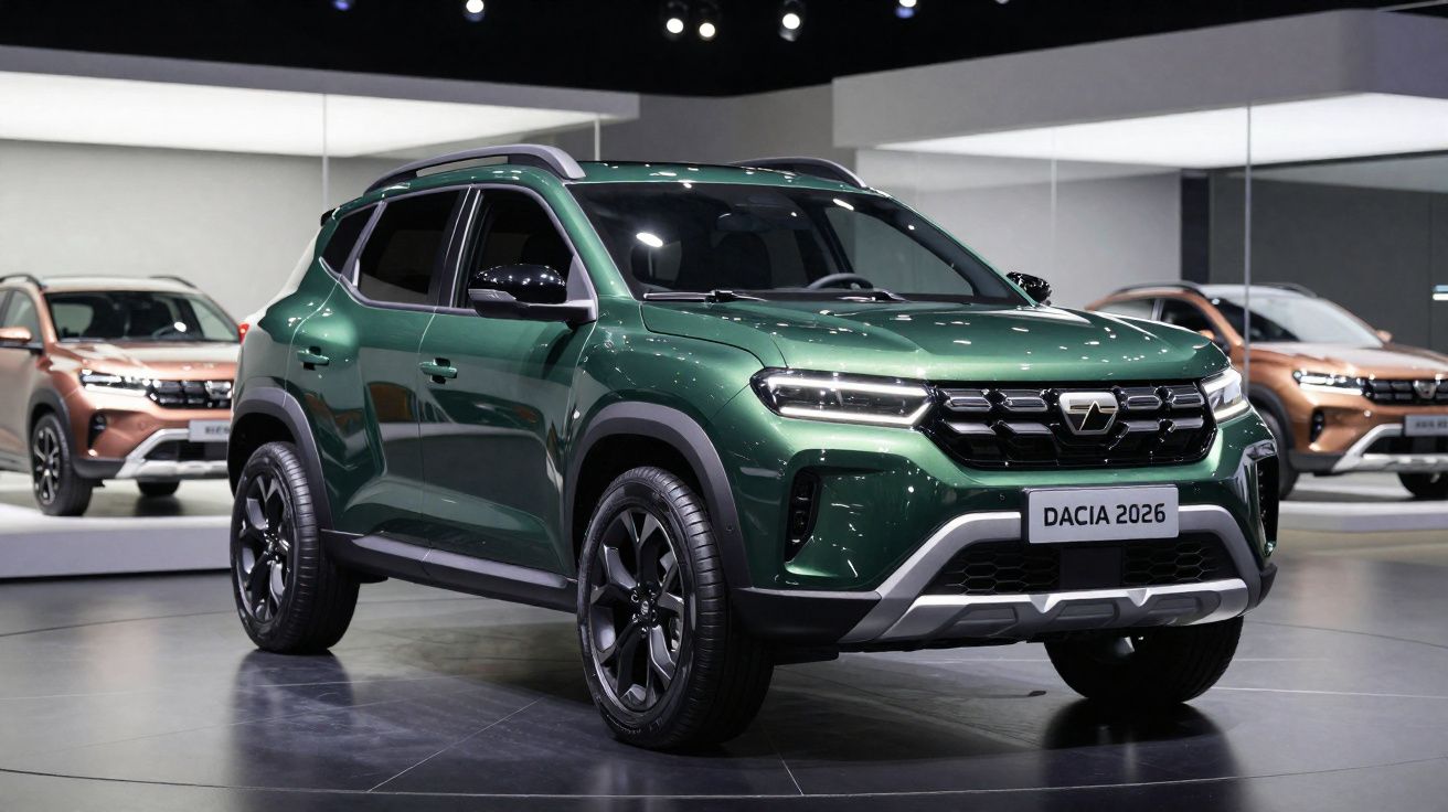 Carro SUV verde Dacia 2026 exposto num salão automóvel com outros carros ao fundo.