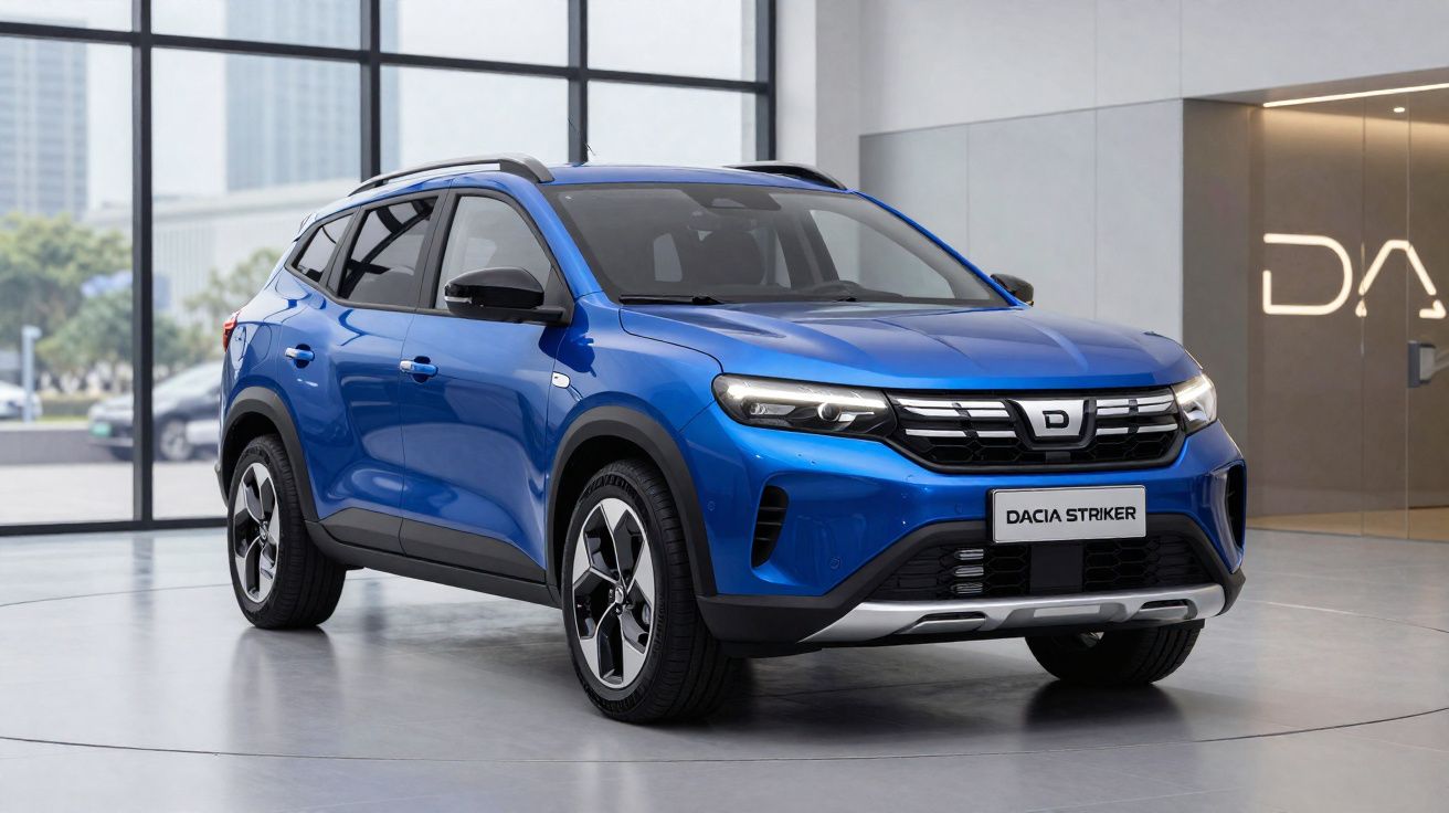 Automóvel SUV azul Dacia Striker estacionado num espaço interior moderno com janelas amplas.