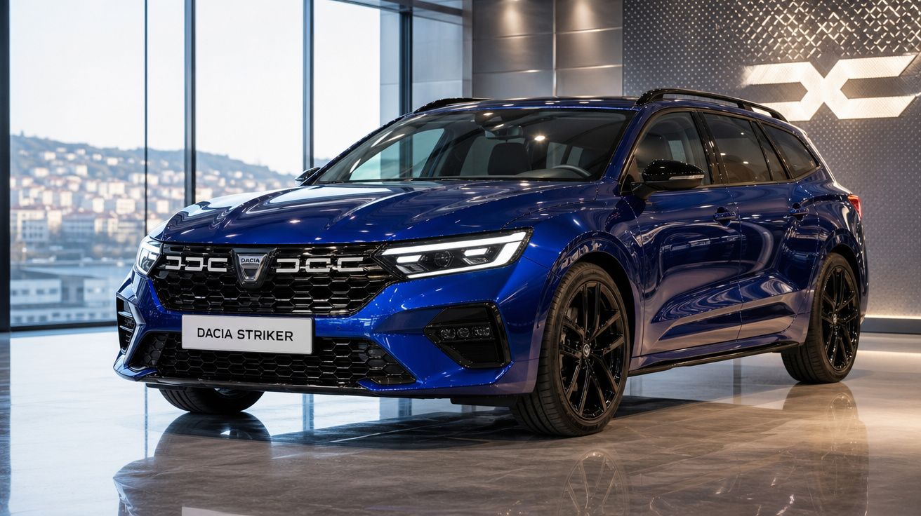 Automóvel Dacia Striker azul, modelo moderno em exposição, com jantes pretas e faróis LED.