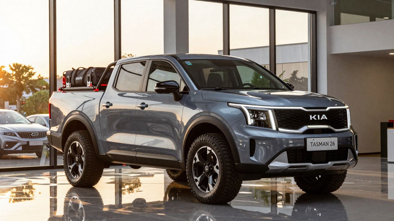 Picape Kia Tasman 26 cinzenta exposta em interior de concessionária com pneus off-road.