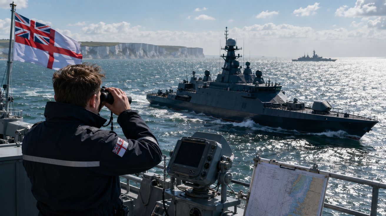 Marinheiro observa navios de guerra perto das falésias brancas ao longo da costa sob céu azul com nuvens.