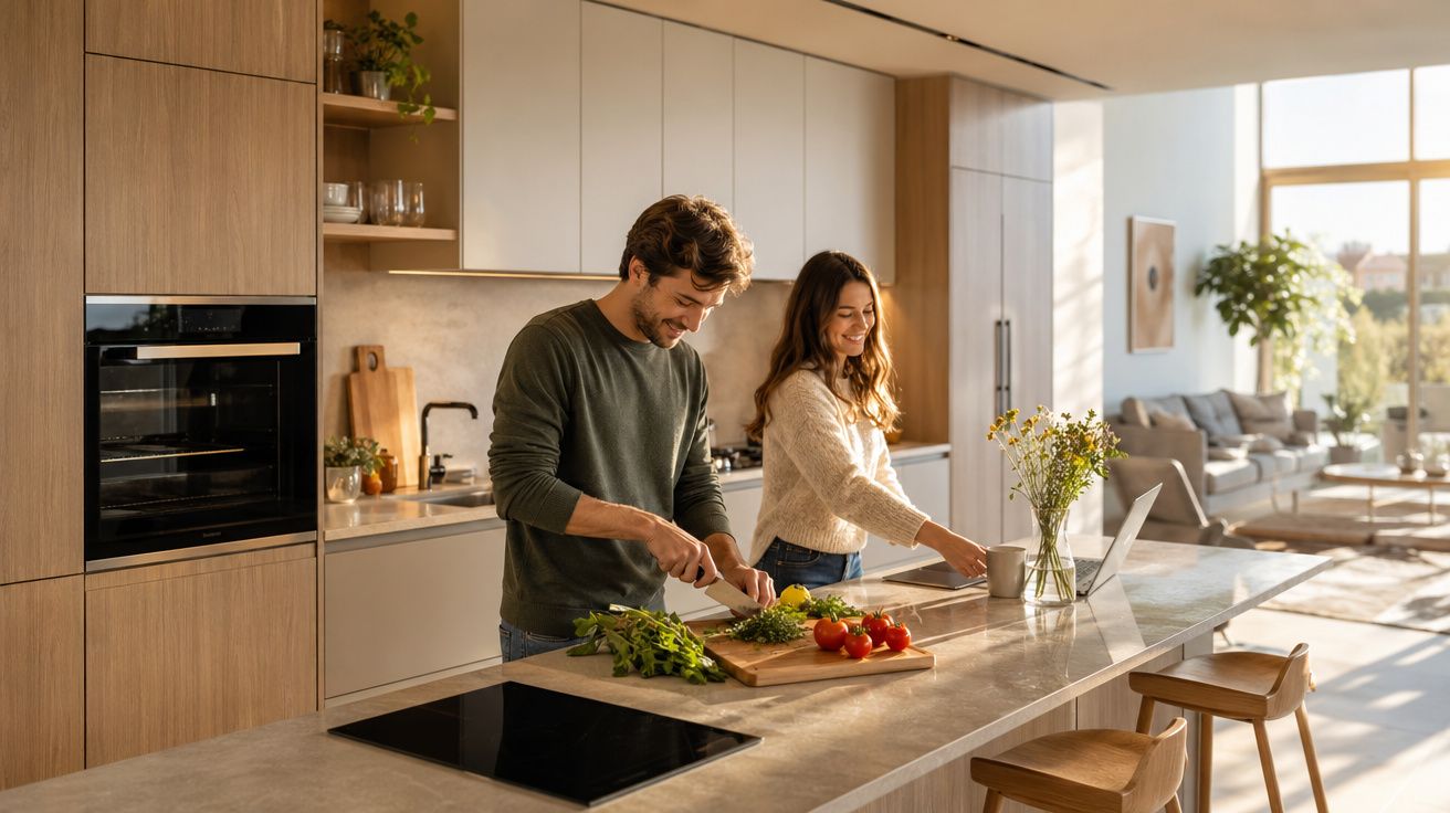 Casal jovem a preparar legumes numa cozinha moderna e luminosa com grandes janelas e sala de estar ao fundo.