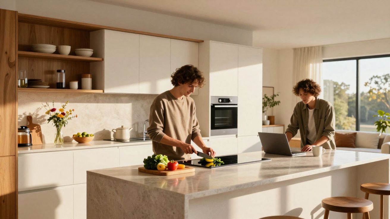 Cozinha moderna com dois homens a preparar legumes e usar portátil numa ilha central iluminada por luz natural.