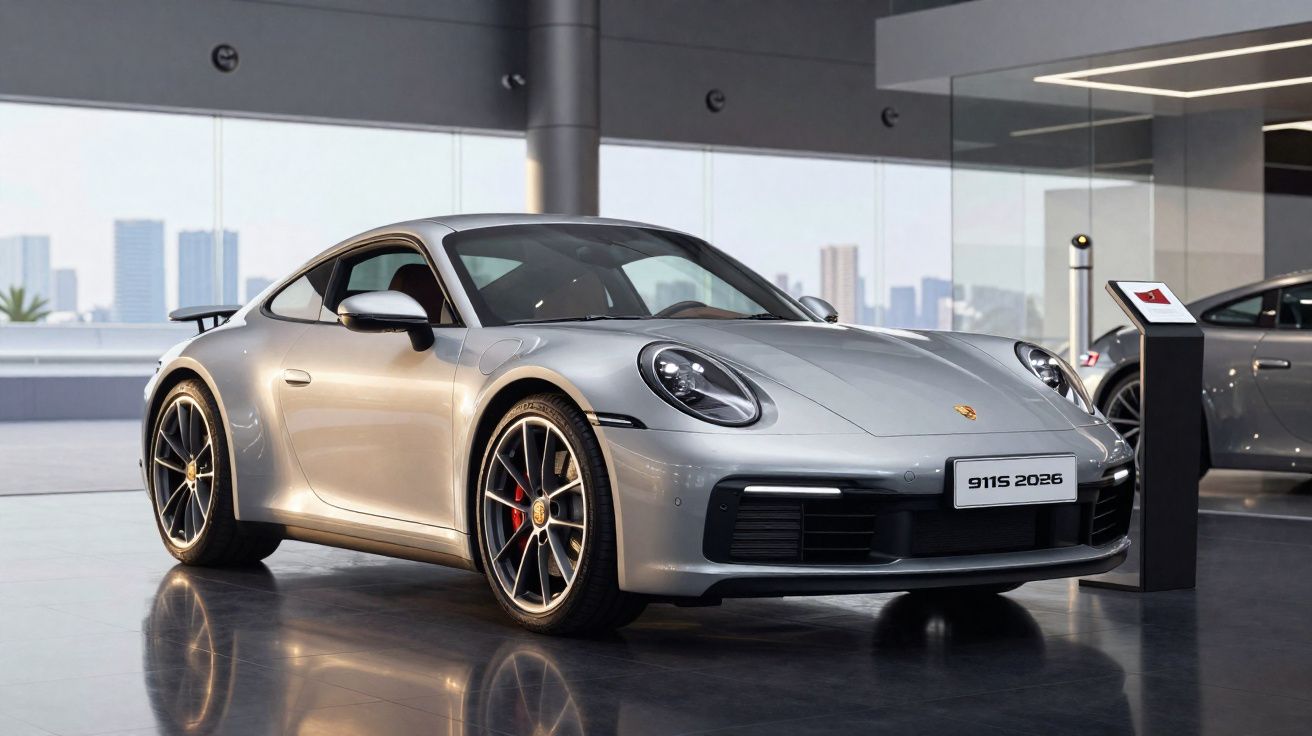 Carro desportivo Porsche 911 prata exposto num showroom moderno com chão refletor.
