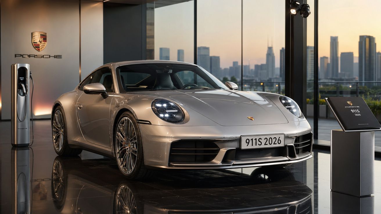 Carro desportivo Porsche 911S prata exposto numa sala moderna com vista para cidade ao pôr do sol.