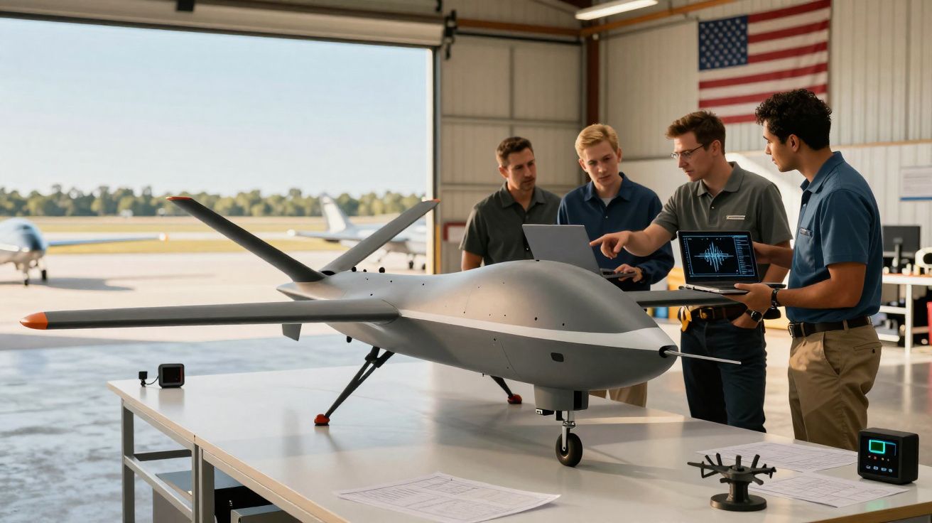 Quatro homens analisam um drone modelo grande numa mesa dentro de um hangar com várias aeronaves ao fundo.