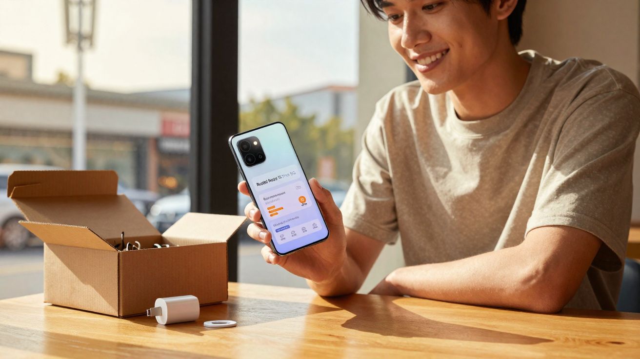 Pessoa sentada à mesa a mostrar um telemóvel com especificações do dispositivo e uma caixa aberta com acessórios.