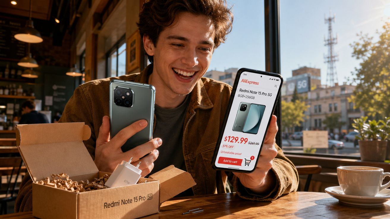 Jovem sorridente numa cafetaria a mostrar telemóvel novo e oferta online do Redmi Note 15 Pro 5G.