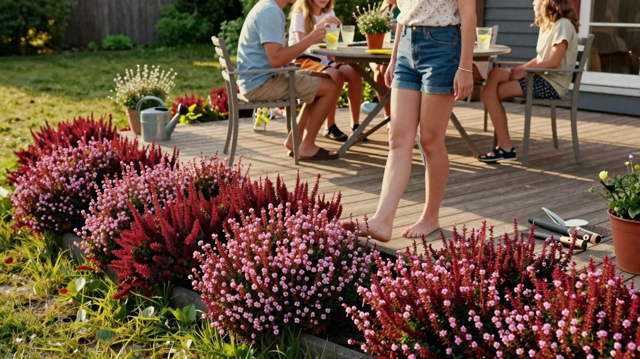 Pessoa descalça junto a flores rosa e vermelhas, com família sentada a mesa no pátio ao fundo.