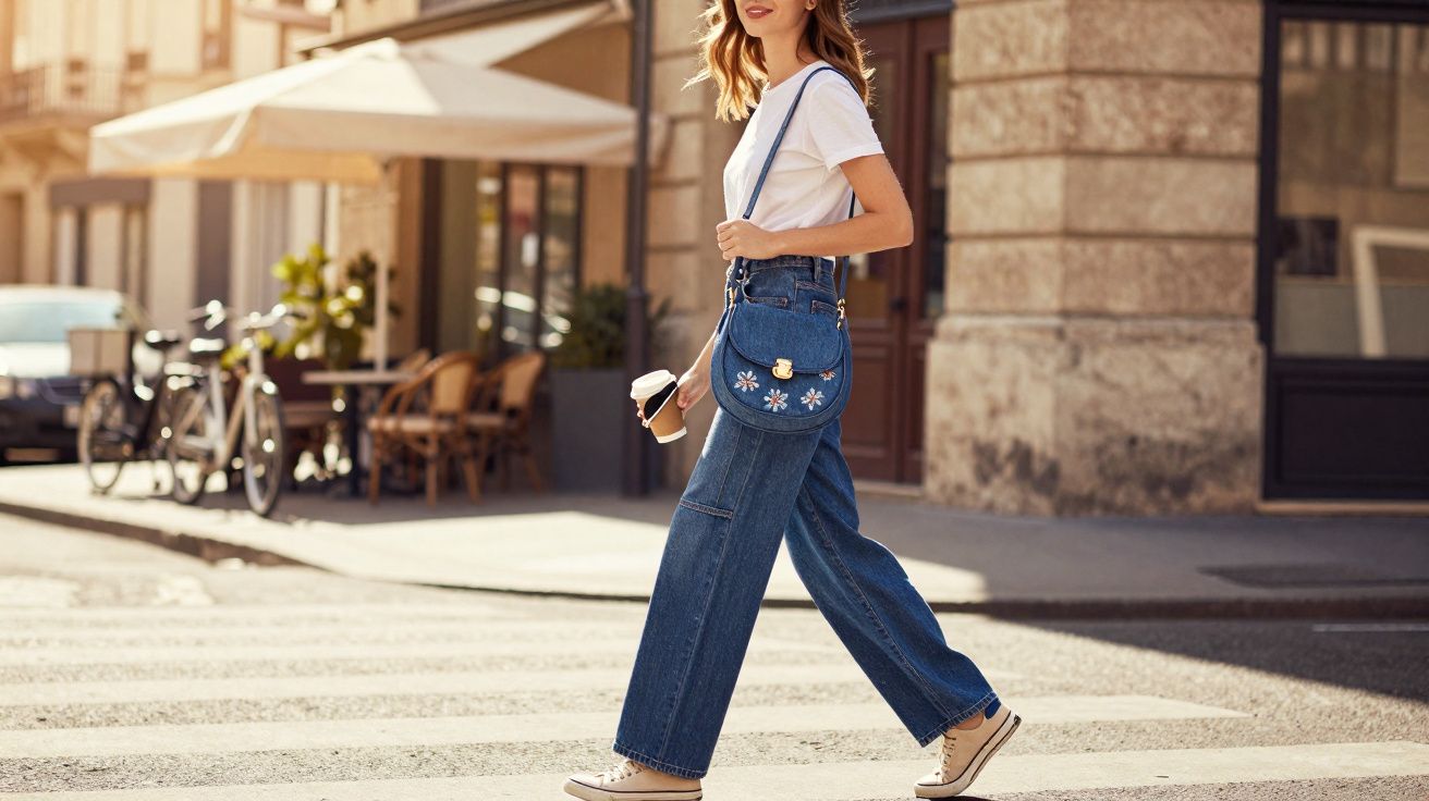Mulher jovem com t-shirt branca e jeans a cruzar passagem de peões numa rua urbana ensolarada.