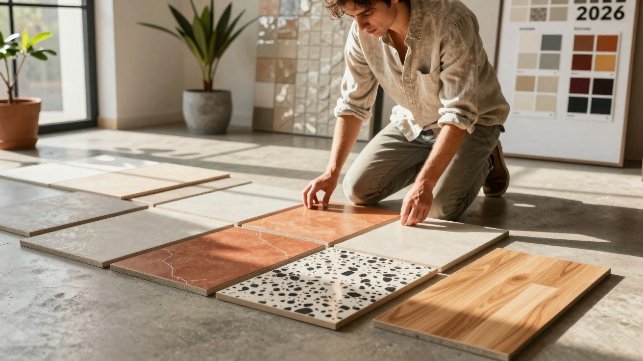 Homem a escolher amostras de pavimentos variados numa sala bem iluminada.