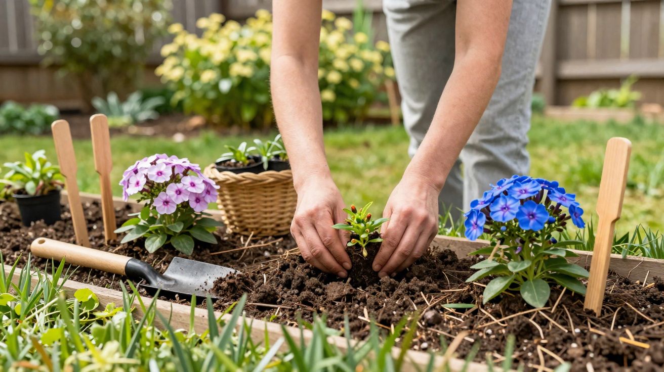 Pessoa a plantar uma pequena muda num canteiro com flores roxas e azuis num jardim.