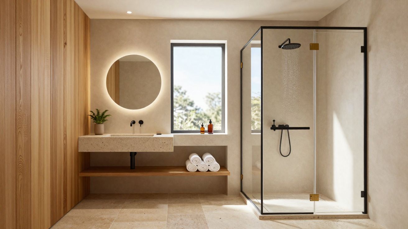 Casa de banho moderna com chuveiro em vidro, lavatório suspenso e espelho redondo iluminado.