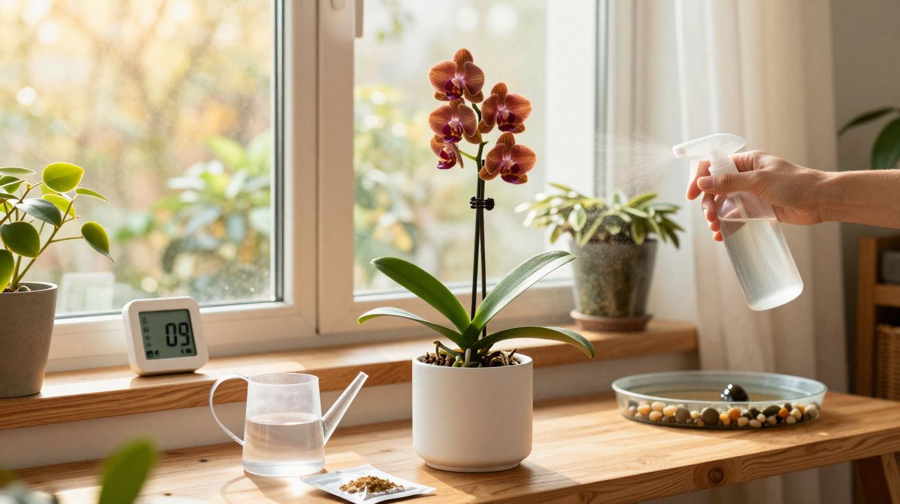 Mão a borrifar orquídea laranja num vaso branco sobre mesa de madeira junto a janela com luz natural.