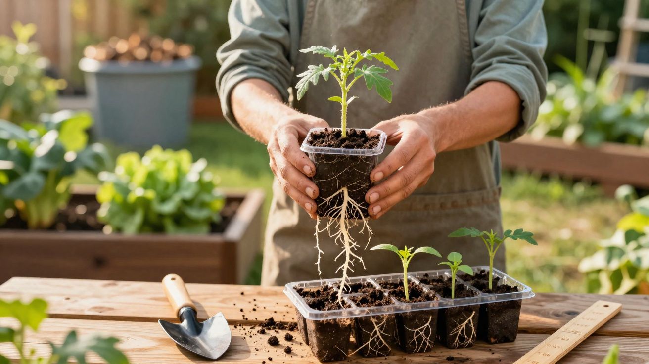 Pessoa a transplantar planta jovem com raízes visíveis, lado de recipiente com outras plantas em crescimento.