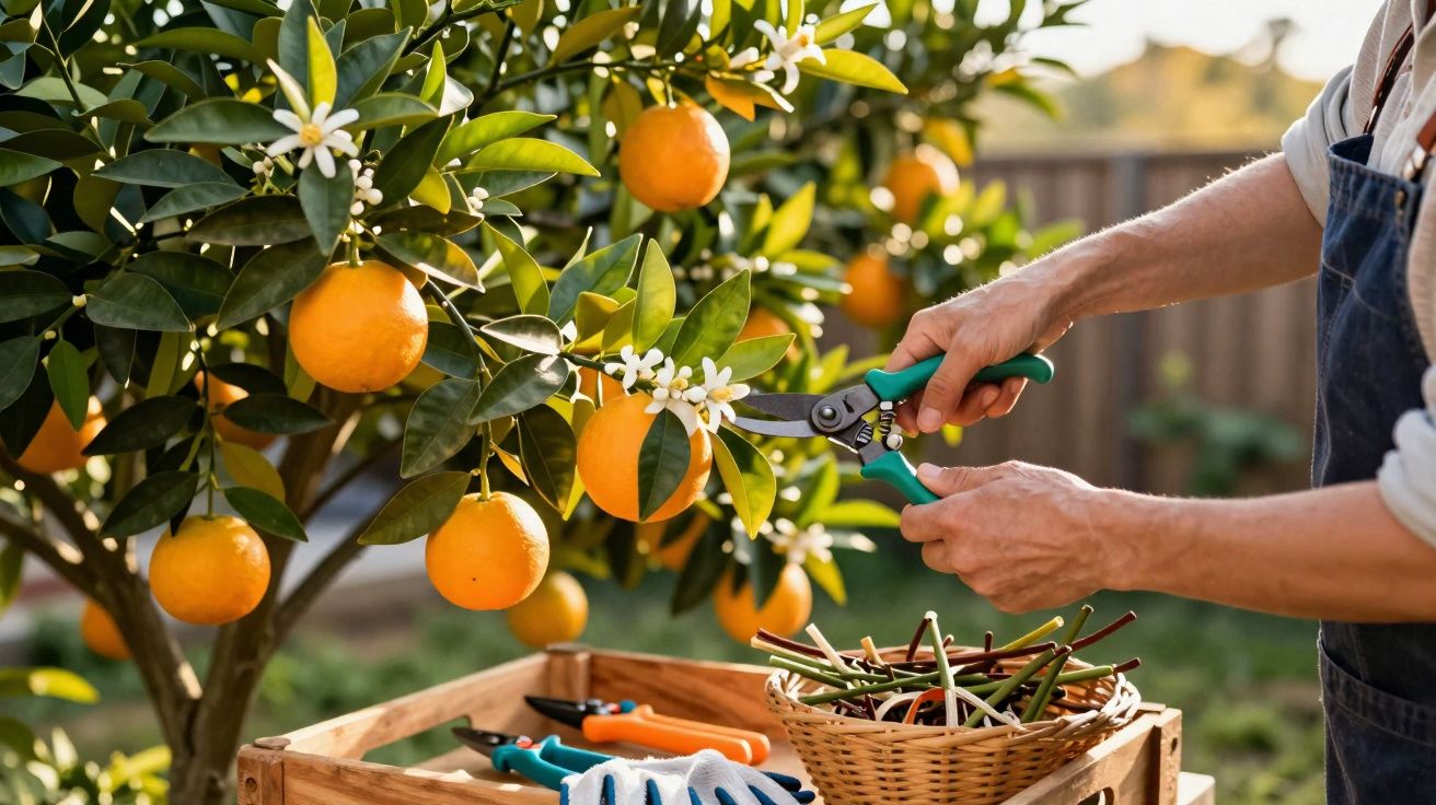 Pessoa a podar ramos de uma laranjeira com frutos e flores num jardim ao fim da tarde.