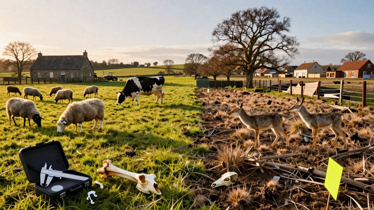 Campo dividido entre animais domésticos e selvagens com ossos e ferramentas de medição no chão.