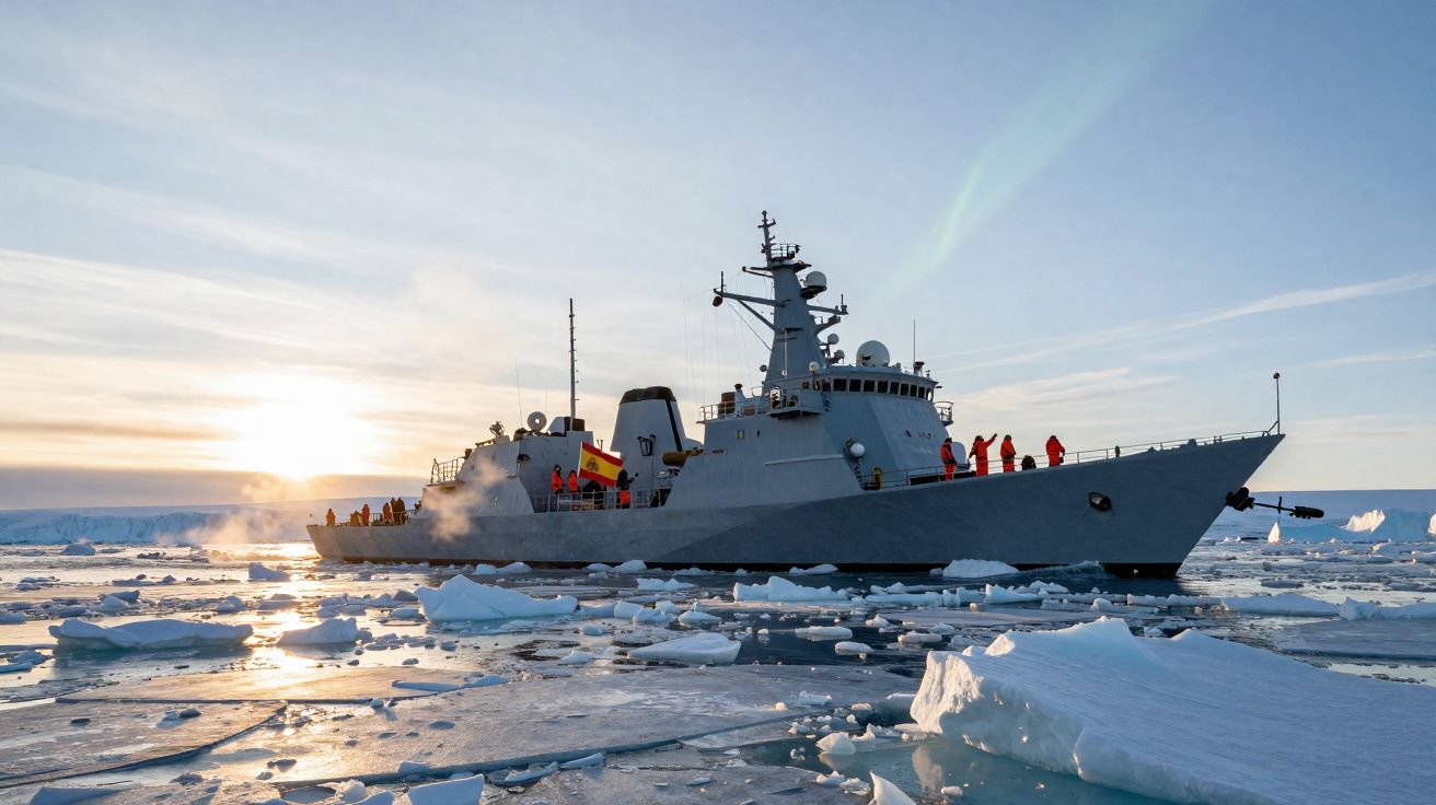 Navio militar com pessoas em fato laranja navegando entre blocos de gelo ao pôr do sol no Ártico.