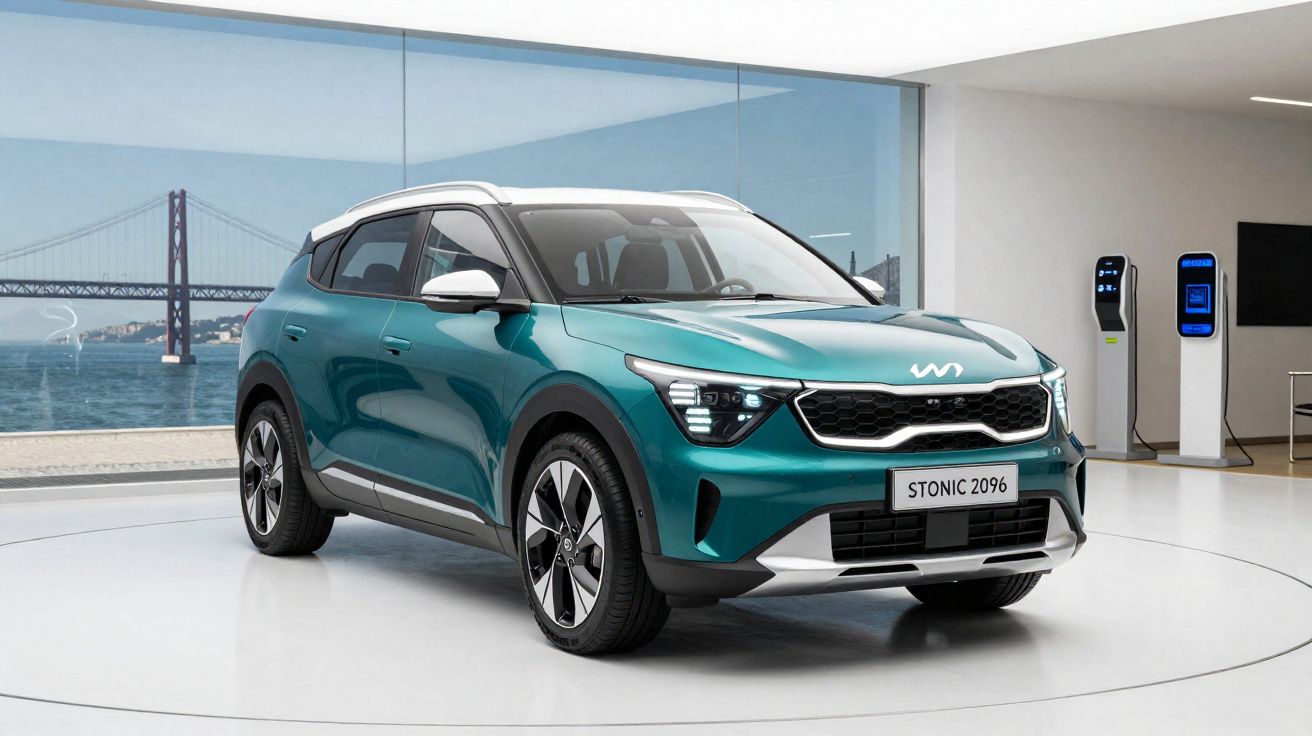 Carro SUV Kia Stonic 2096 verde e branco estacionado em sala moderna com vista para ponte sobre rio.