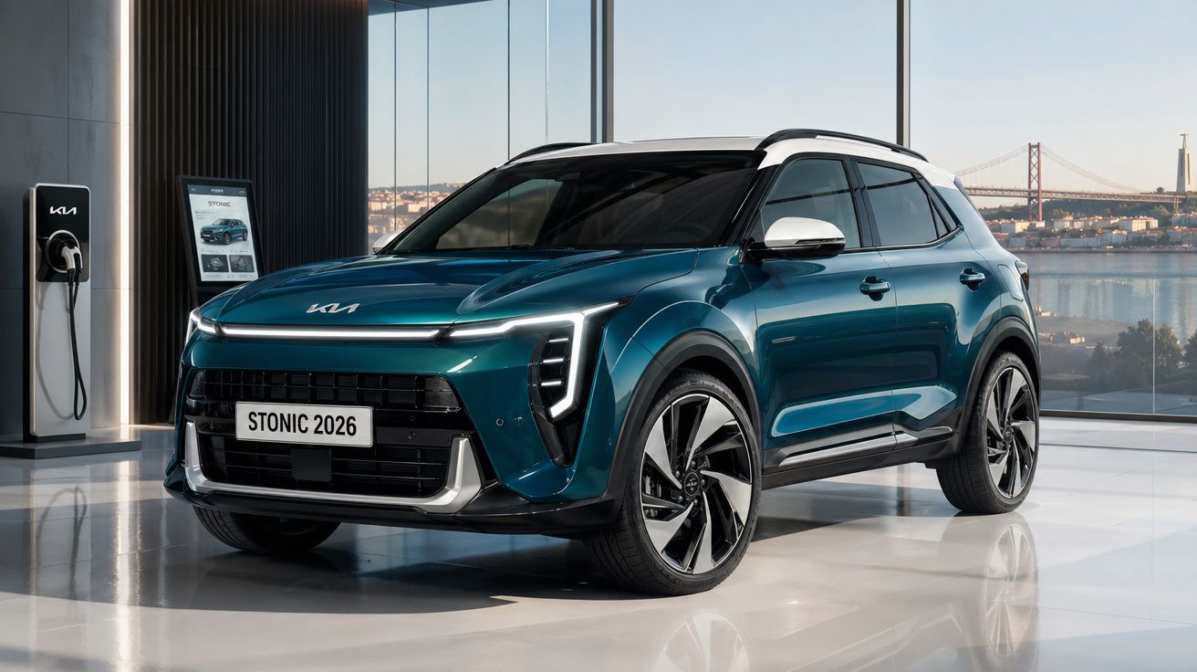 SUV Kia Stonic 2026 azul metálico em exposição com carregador elétrico e vista panorâmica urbana ao fundo.