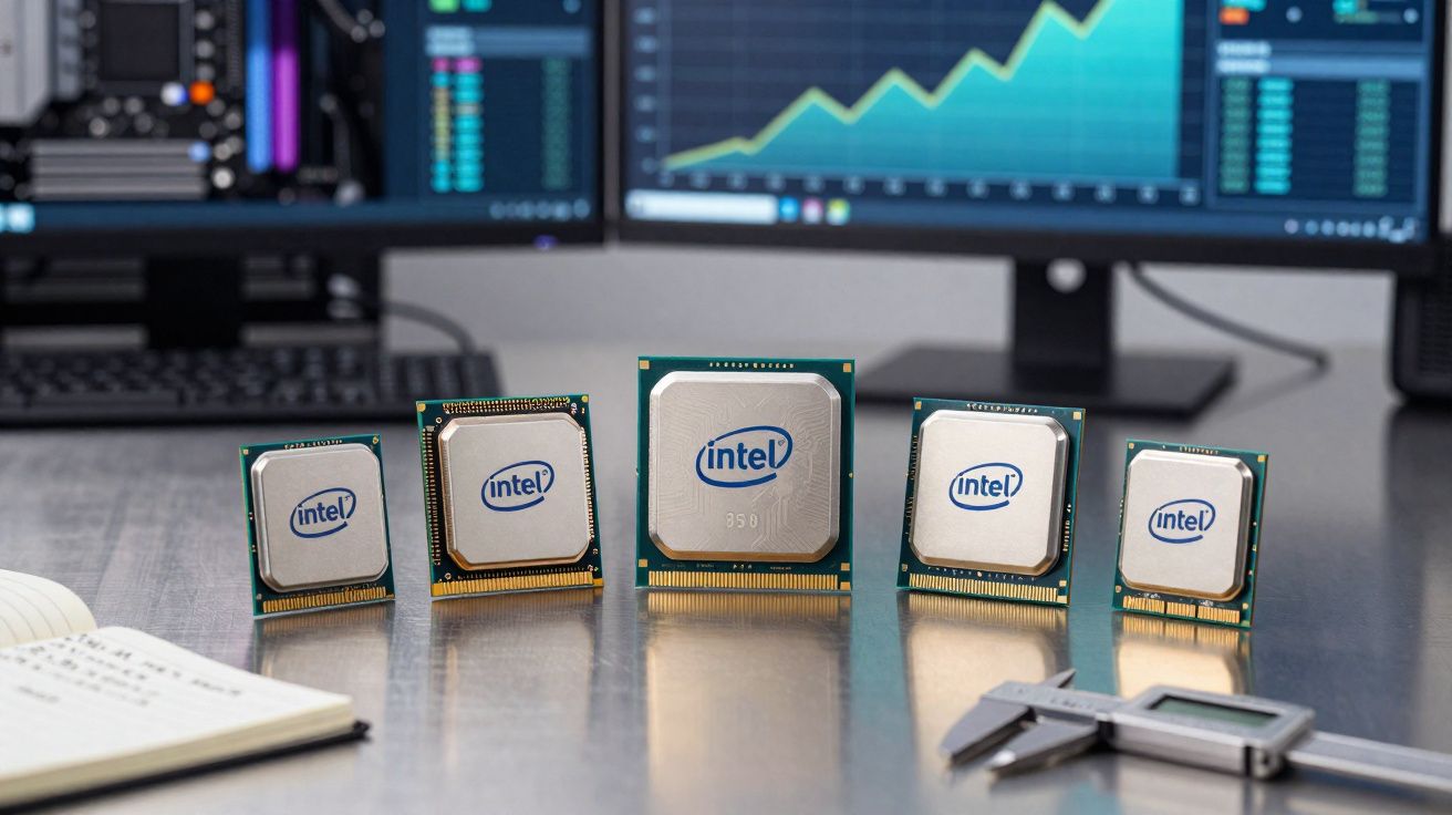 Cinco processadores Intel dispostos em fila numa mesa com computador e gráficos no fundo.
