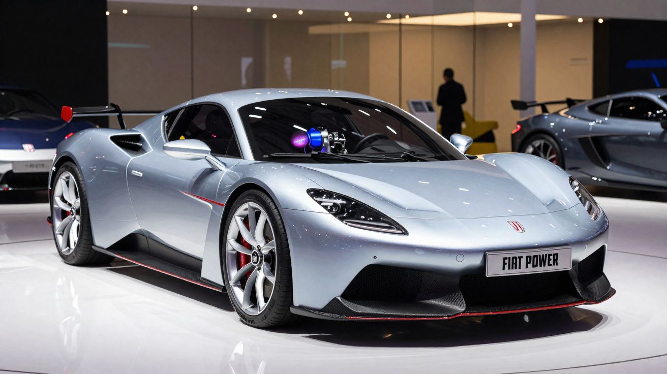 Carro desportivo prateado da Fiat com design aerodinâmico exposto em salão automóvel.