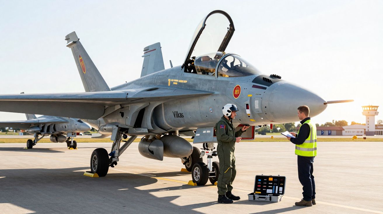 Avião militar estacionado com piloto em fato de voo e técnico em colete refletor em conversa junto à mala de ferramentas.