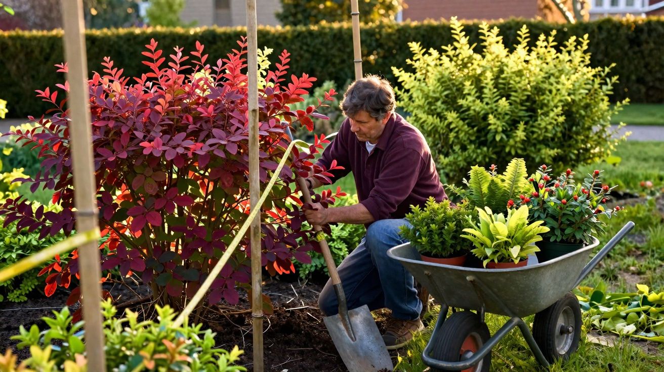 Homem a cuidar de plantas num jardim com carrinho e enxada ao lado.