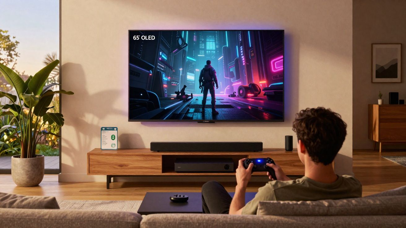 Homem a jogar videojogo numa televisão OLED 65'' numa sala moderna e confortável.
