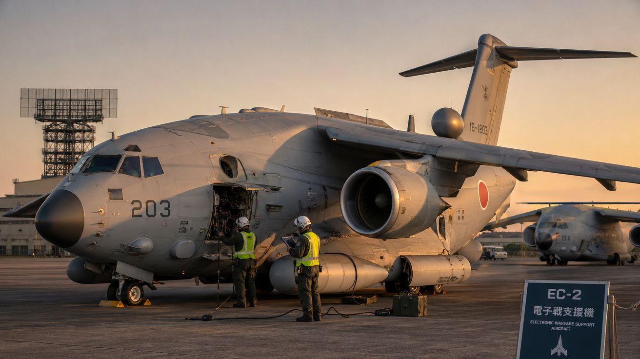 Avião militar estacionado com técnicos a trabalhar na porta lateral aberta ao amanhecer.