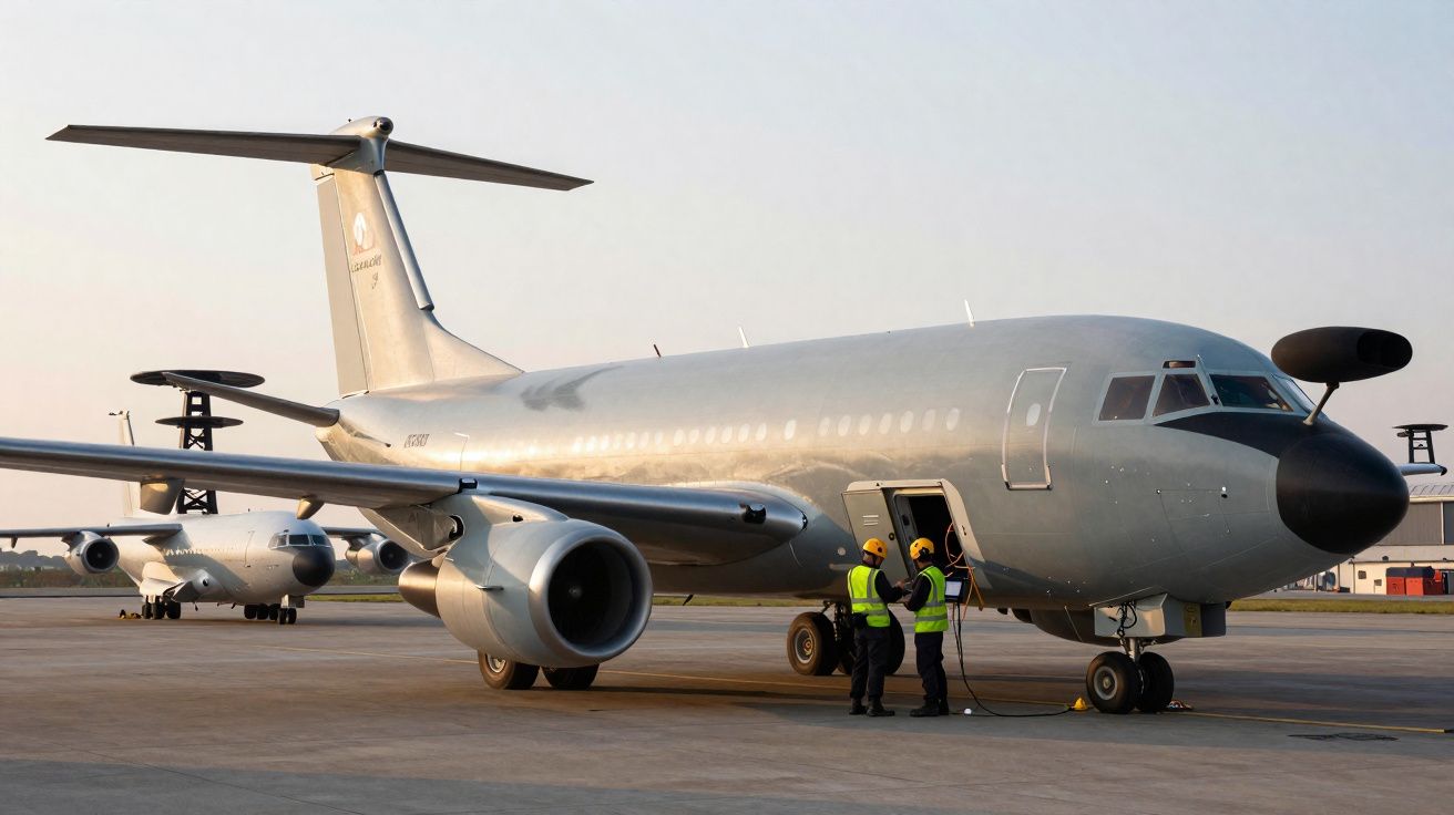 Avião militar cinzento estacionado com dois operários em coletes amarelos junto à porta aberta.