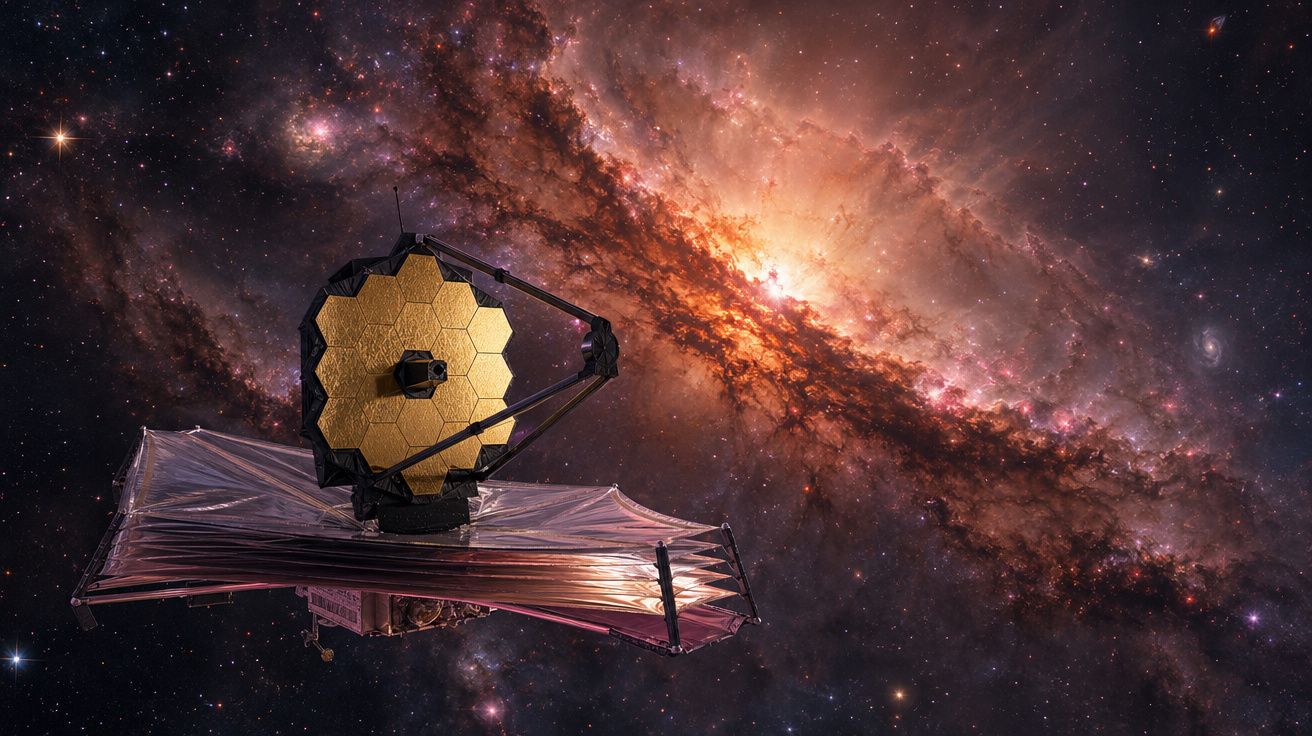 Telescópio espacial com espelho dourado em hexágonos a observar uma galáxia colorida no espaço profundo.