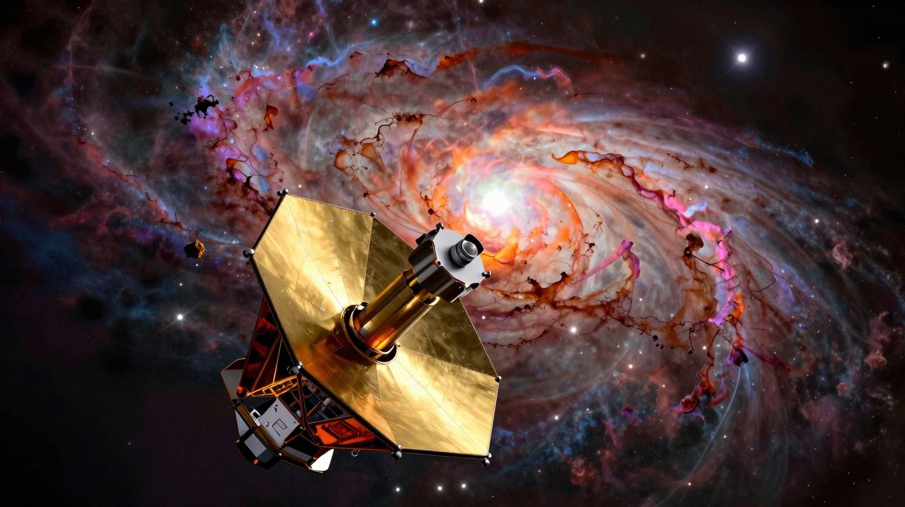 Sonda espacial dourada flutua no espaço com uma galáxia espiral colorida ao fundo.