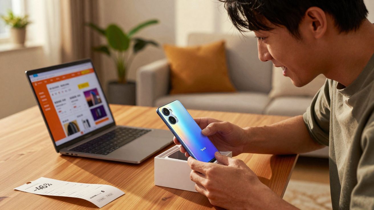 Homem a desembrulhar e examinar um novo smartphone enquanto está sentado numa mesa com um portátil aberto.