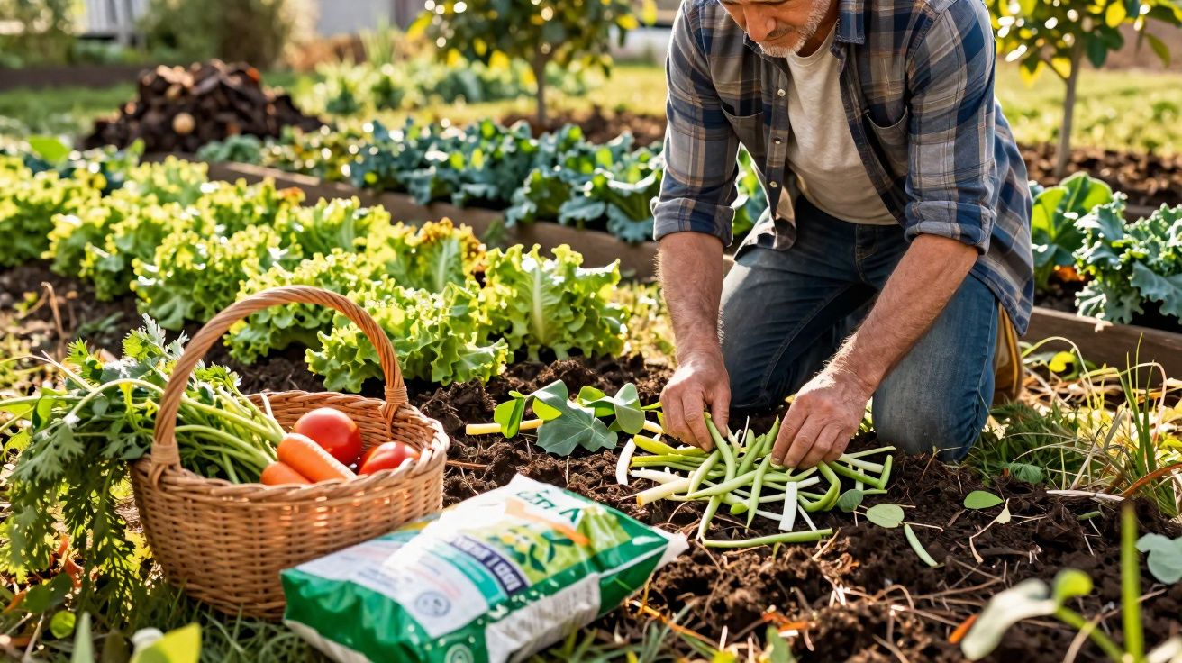 Homem a cultivar e cuidar de feijão verde numa horta com legumes e cesta de vegetais frescos.
